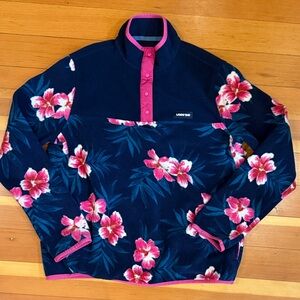 Lands End Heritage Fleece Snap Neck Pullover Deep Sea Navy Hibiscus Floral